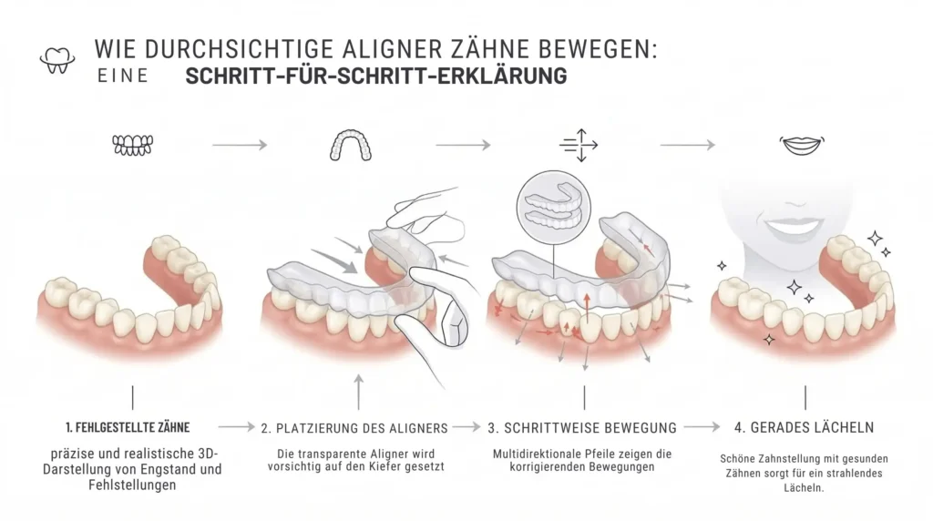 Infografik zur Funktionsweise einer durchsichtigen Zahnspange mit Invisalign-Alignern